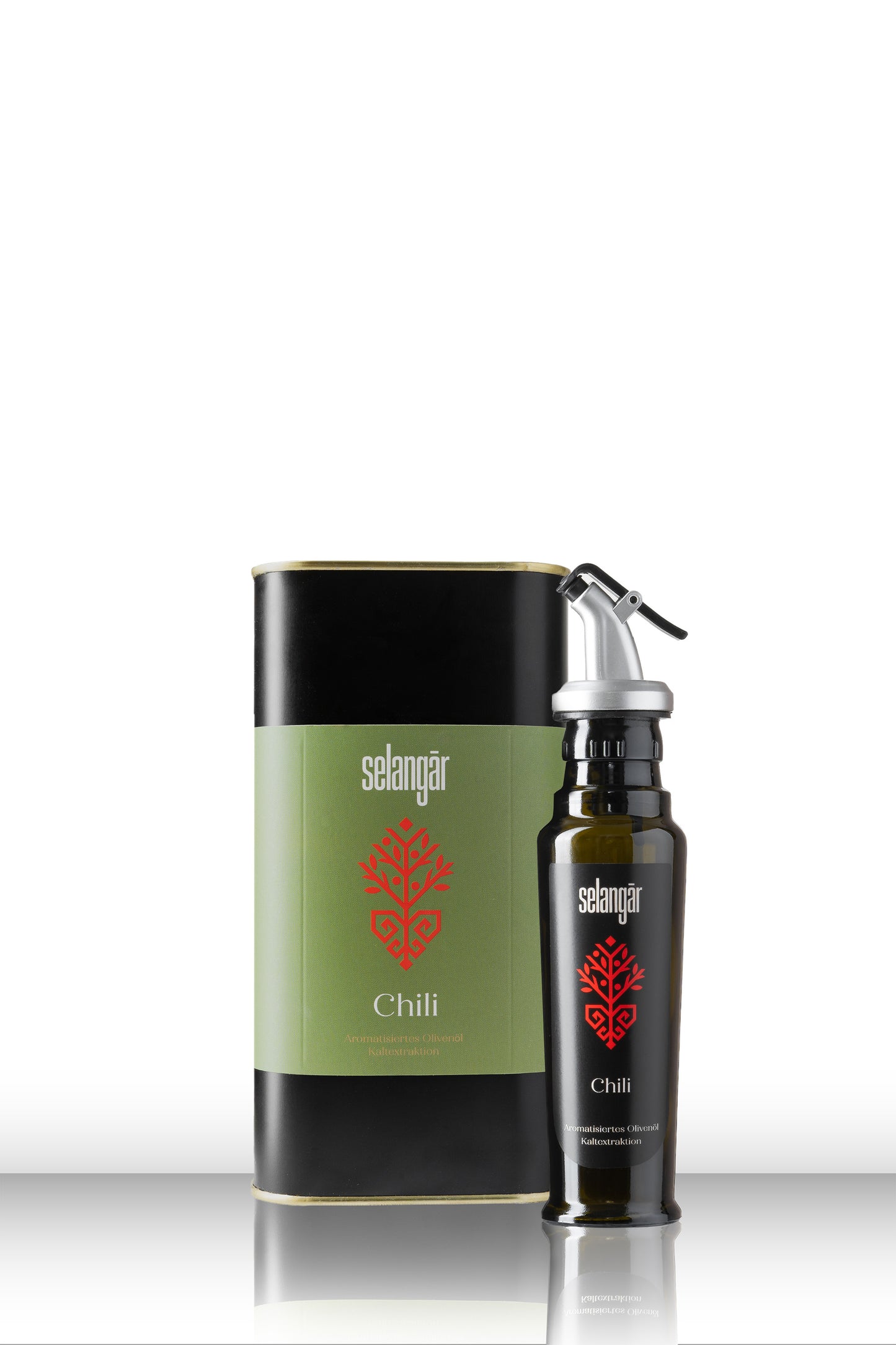 selangār Chili – Aromatisiertes Olivenöl (1 Liter Kanister + Glasflasche & Ausgiesser)